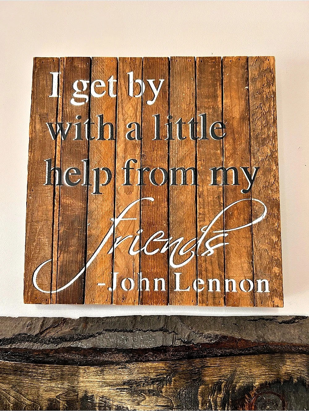 John Lennon Friends Quote Wood Wall Sign Brown & White Wood Wall Sign 14” by 14”